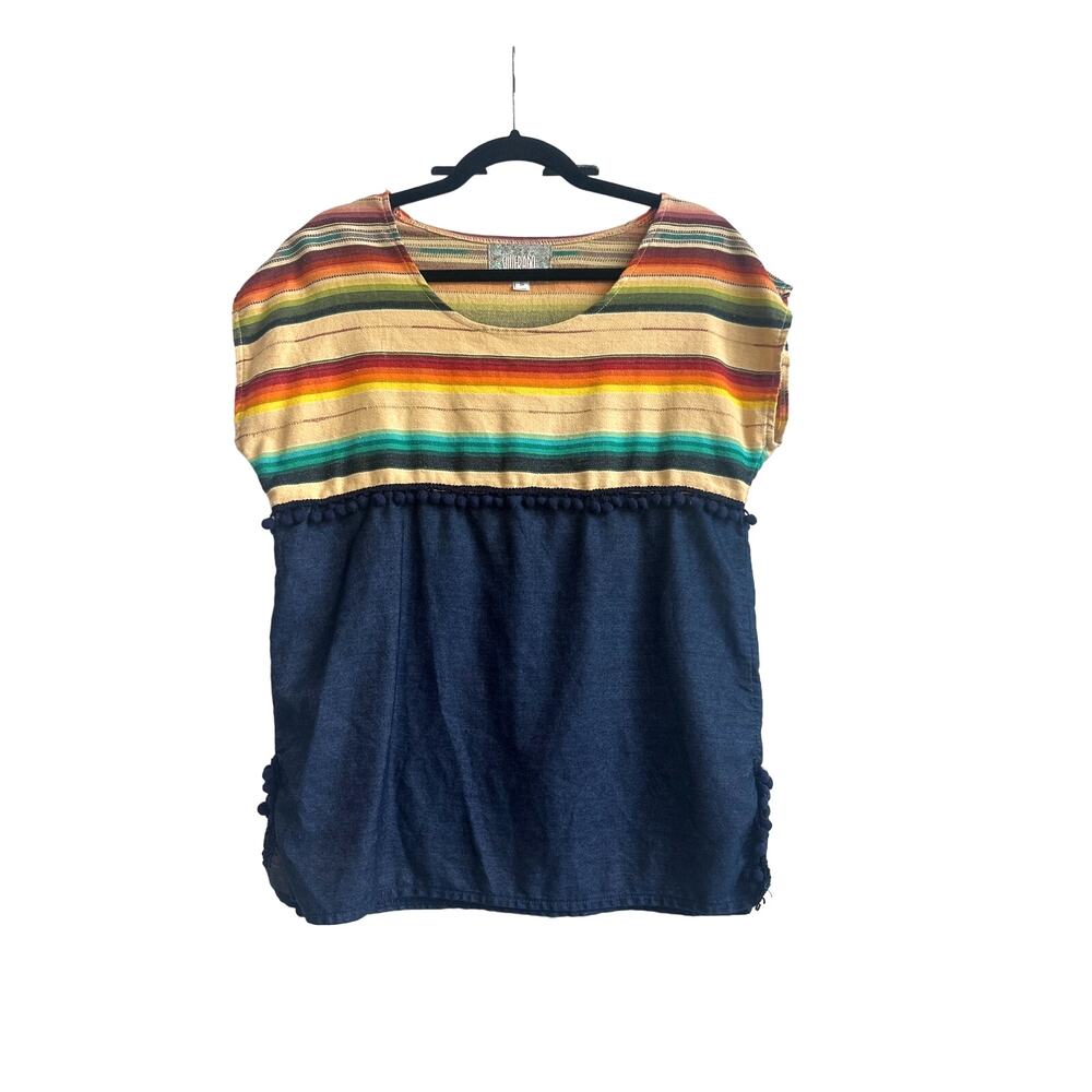 Silverado Southwestern Multicolor Stripe and Blues Blouse with PomPom details